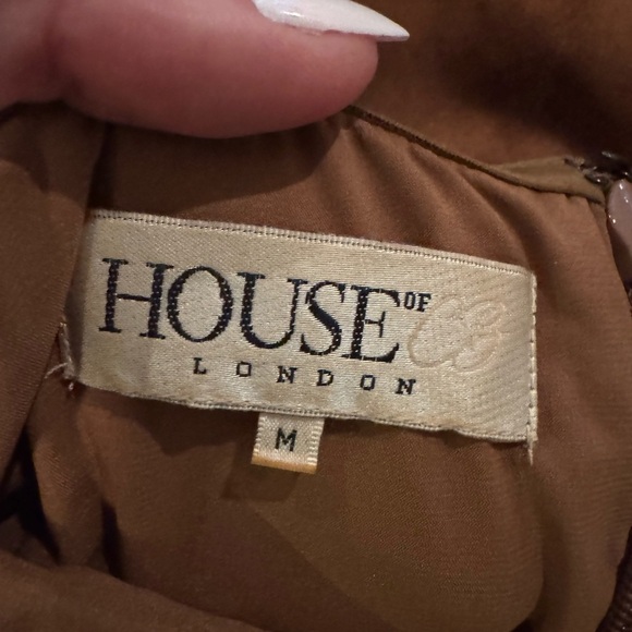 House of CB Camel Suedette Palmira Bustier Bodycon Halter Dress Sz M Mini - Picture 12 of 13